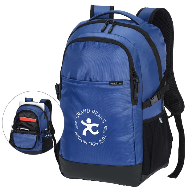 Blue Crossland laptop backpack with call out view of inside pockets for storage.