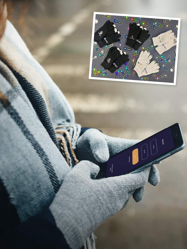 person outside wearing gloves and holding cell phone - inset picture of multiple branded gloves