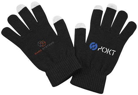 touch screen gloves with company logo on each hand.