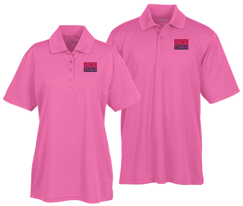 Men's and Ladies' pink polo shirts branded with Ace Endico logo