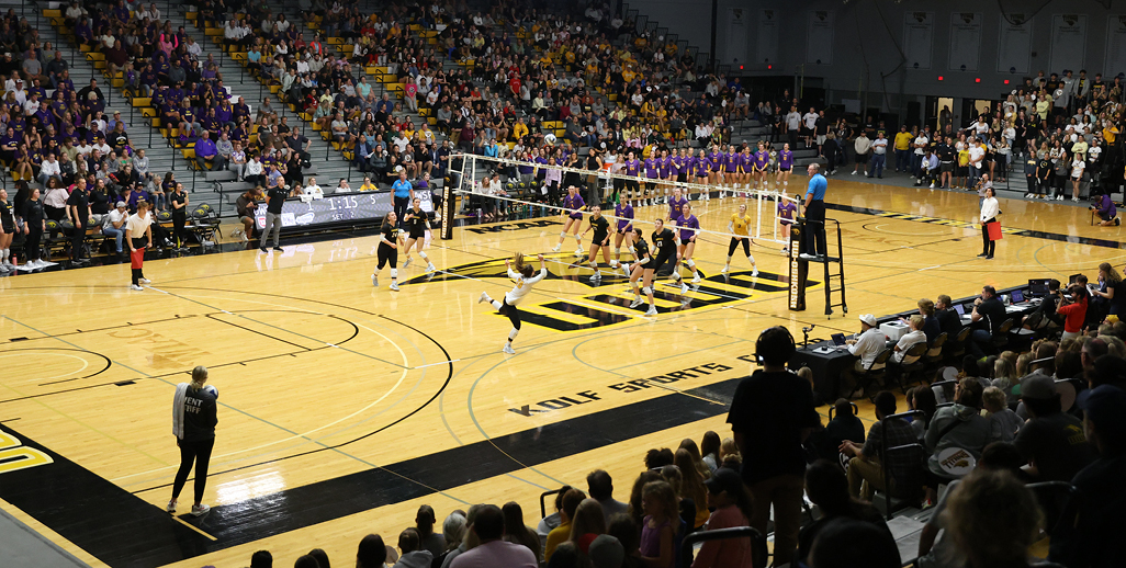 view of full volleyball court from the top of the stands with the crowd