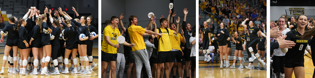 Collage of photos of players and crowd at UW Oshkosh women's volleyball game