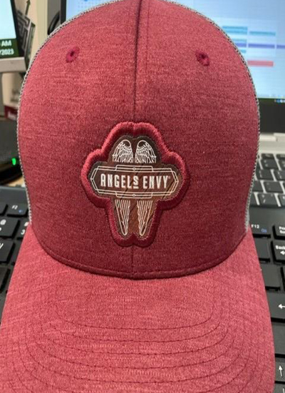 Branded red company baseball hat for Angels Envy