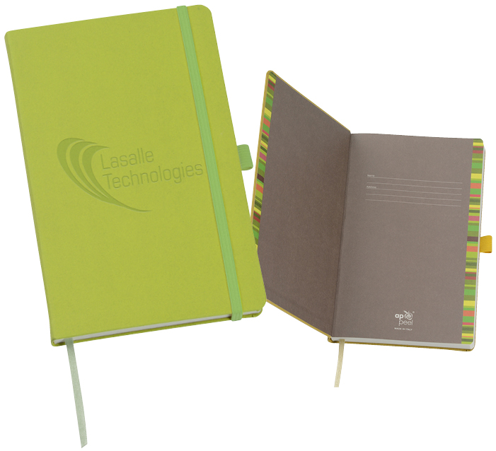 Promotional notebook with fabric cover made from material containing apple peels