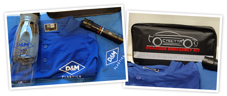 A collage of different safety promotional items given to employees