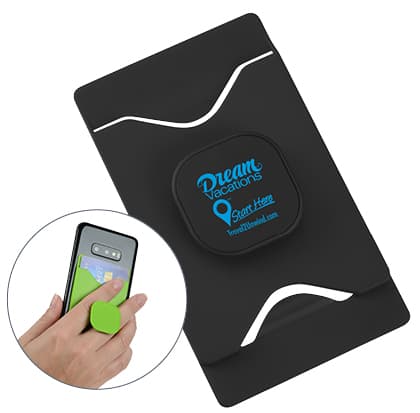 adhesive phone wallet with branded pop-up grip