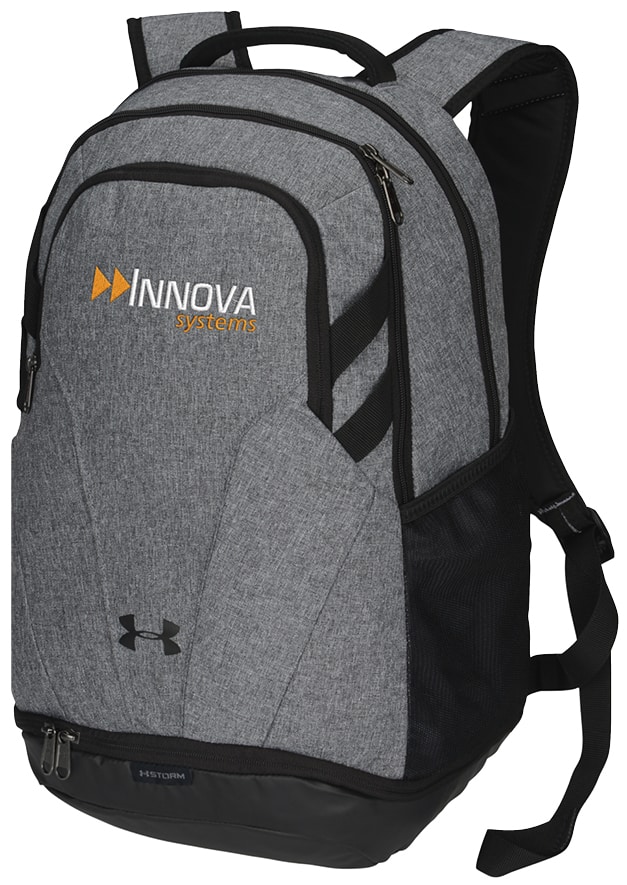 backpack with company logo embroidered on it