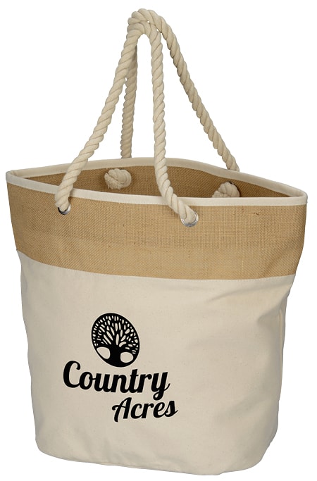 Tote bag with rope handles and a logo.