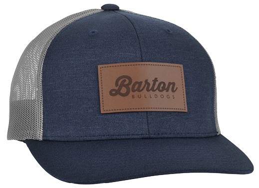 A navy blue trucker hat with a laser-engraved patch.