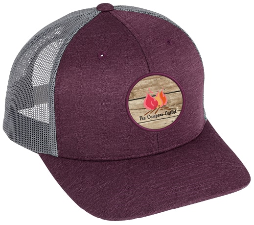 A maroon trucker hat with a logo.
