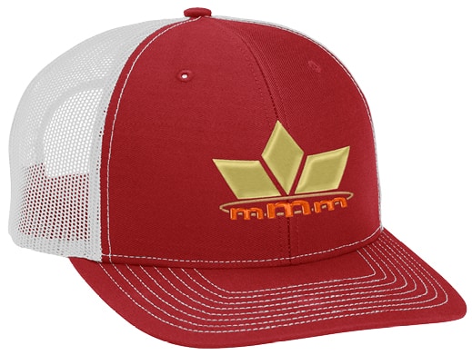 A red trucker hat with a logo.
