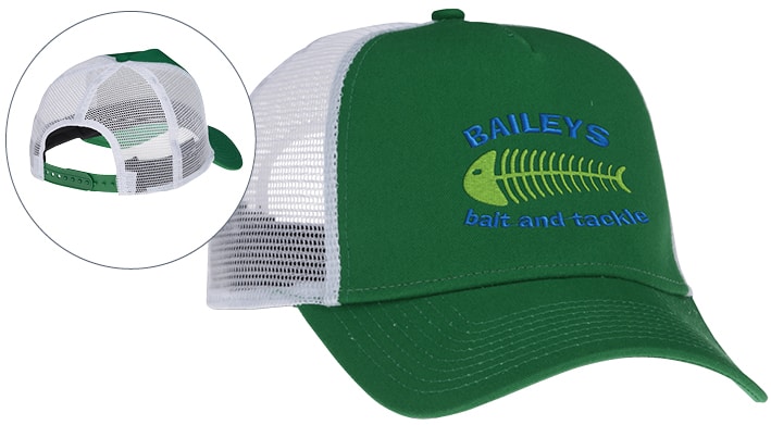 A green trucker hat with a logo.