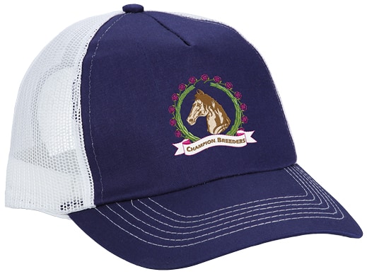 A navy blue trucker hat with an embroidered logo.