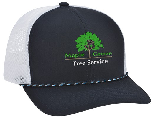 A black trucker hat with a logo.