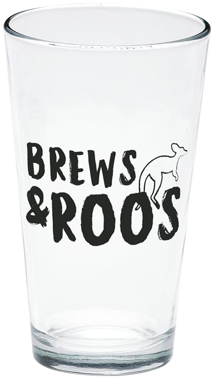 A pint glass with a logo.