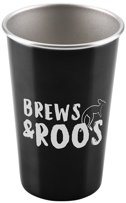A stainless steel pint glass with a logo.
