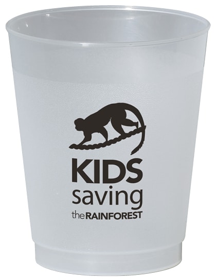 A frosted tumbler glass with a logo.