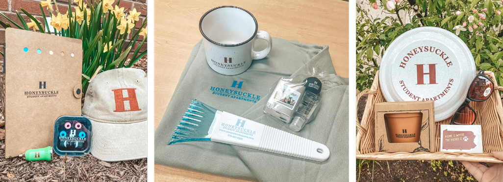 three pictures filled with promotional products branded with Honeysuckle Student Apartments logo