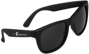black sunglasses with company logo