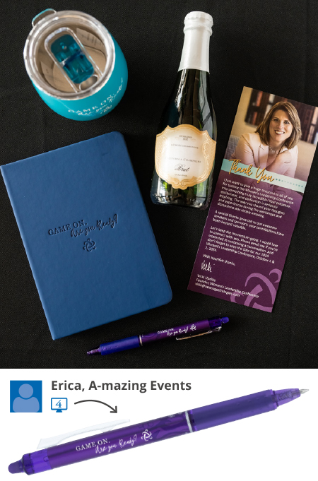event welcome card with promotional items set at each attendees seat - Journal, erasable pen, tumbler and champaign