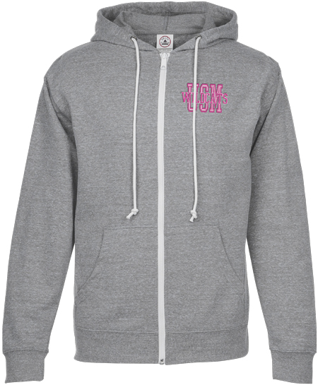 Gray hoodie with customer logo on top right chest