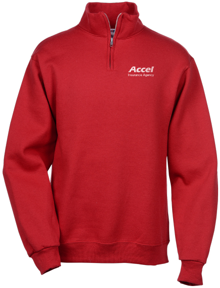 Red 1/4-Zip sweatshirt with promotional logo on top right chest