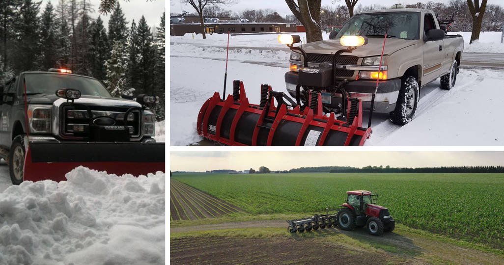 two trucks with Hiniker snow plows and a tractor with Hiniker farming equipment on it