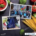 italian food ingredients on table with pictures of branded tote and group of volunteers