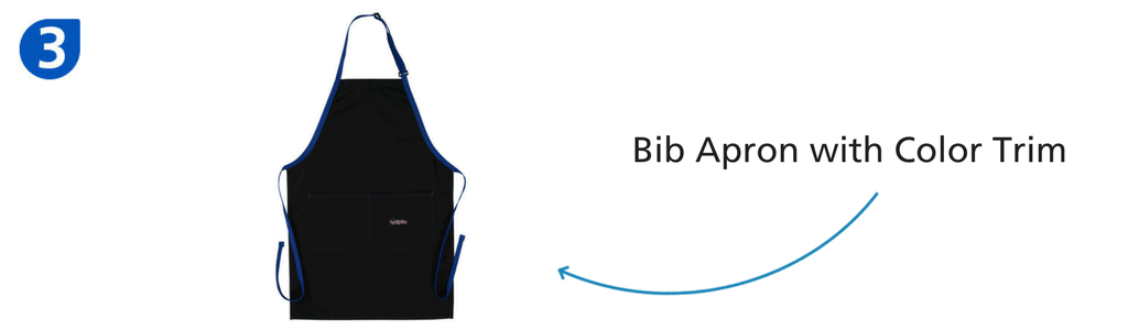 Number three: black bib apron with blue trim 