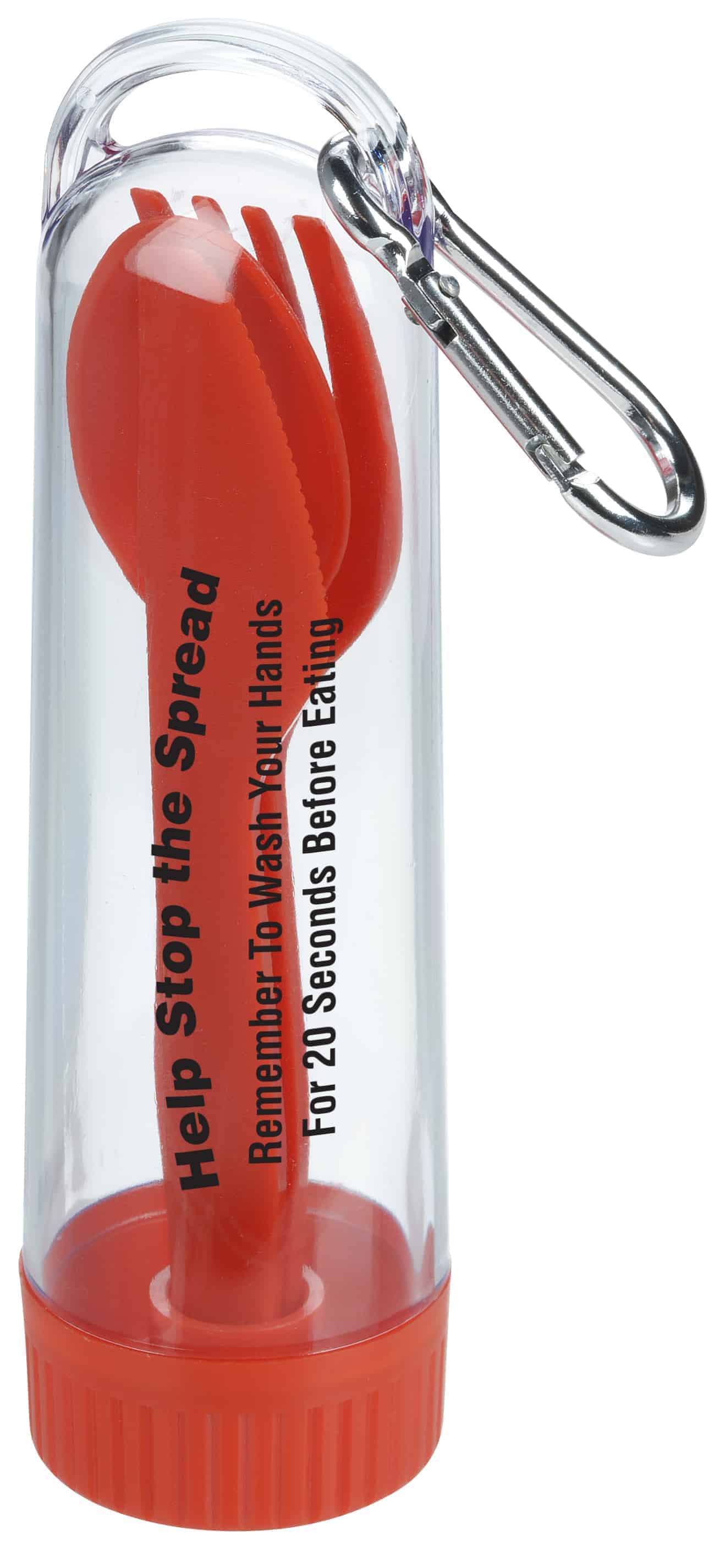 A red reusable Clip It Portable Cutlery Set.