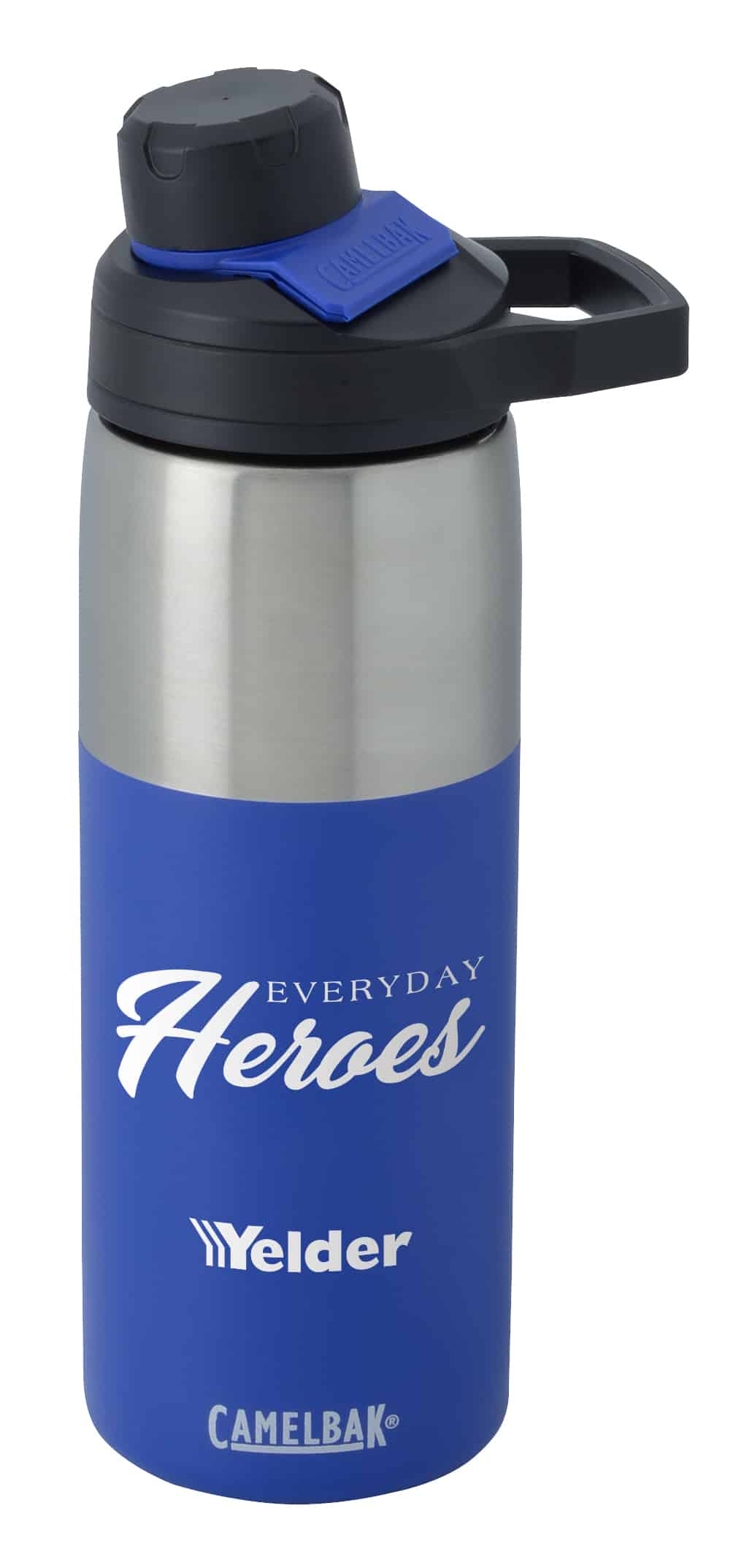 A blue and silver CamelBak Chute Mag Stainless Vacuum Bottle. 