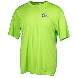 A lime green athletic T-shirt with a logo.