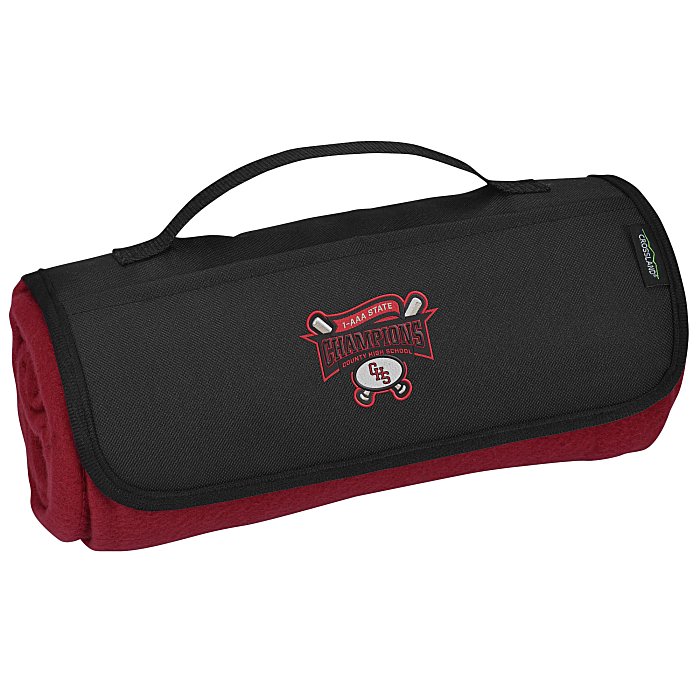 Red and black branded roll-up blanket