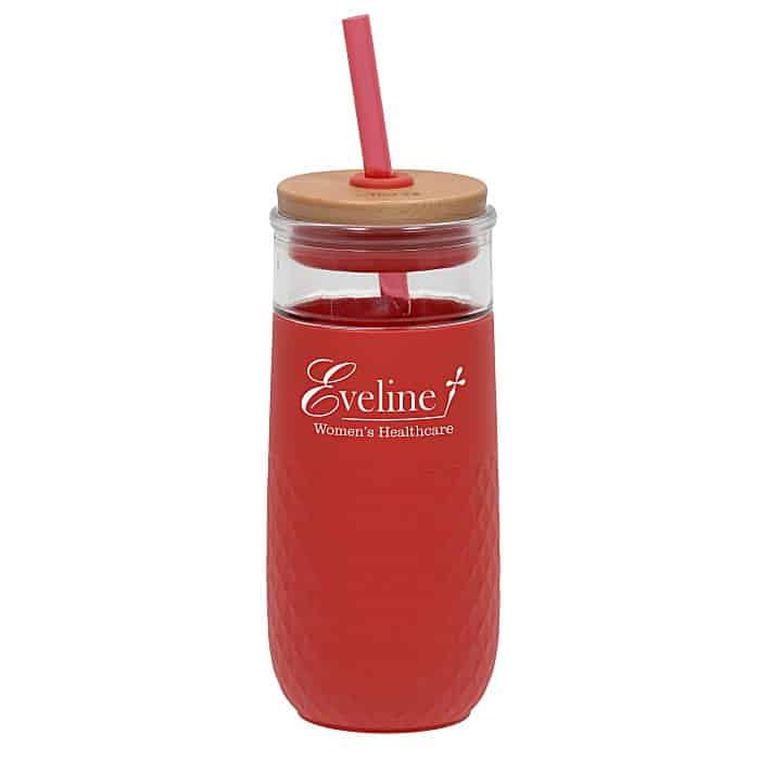 Red Branded Ello Devon Glass Tumbler with Lid and Straw 