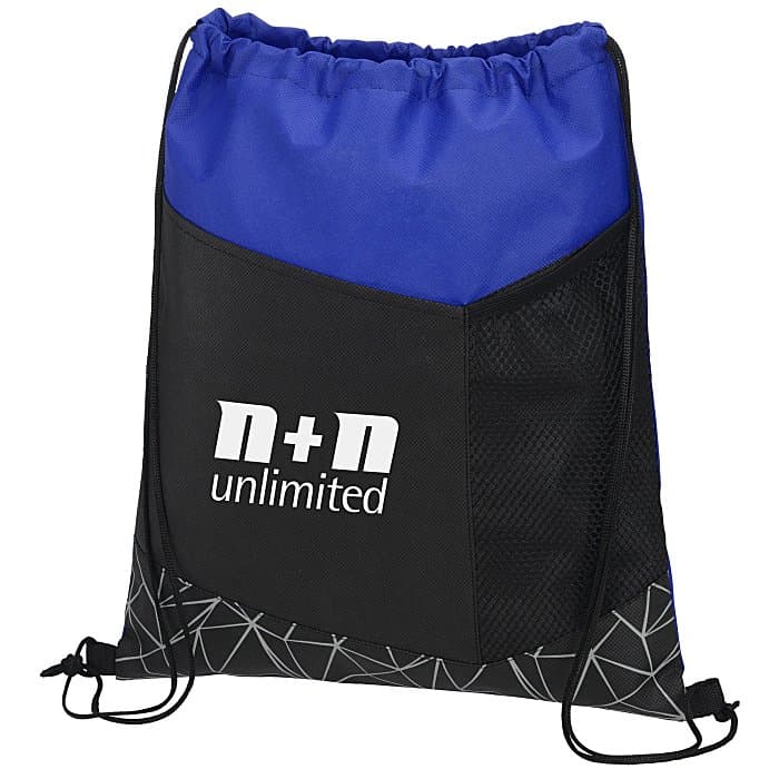 Black and blue branded sportpack with reflective geometric designs at the bottom.