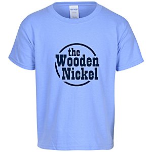 A powder blue T-shirt with a logo.