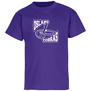 A bright purple T-shirt with a logo.