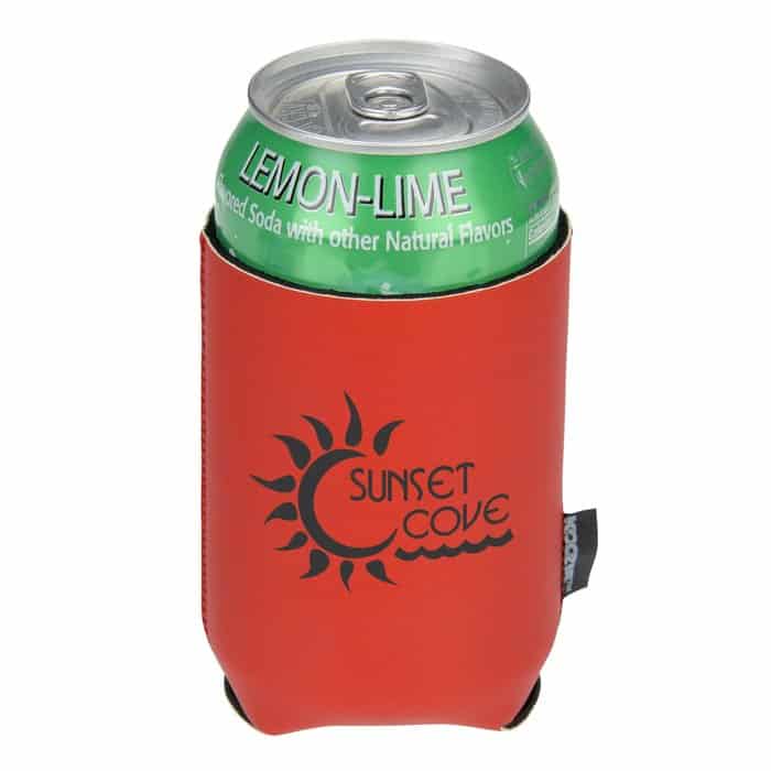 Front of branded red-orange Koozie® with lemon-lime soda inside.