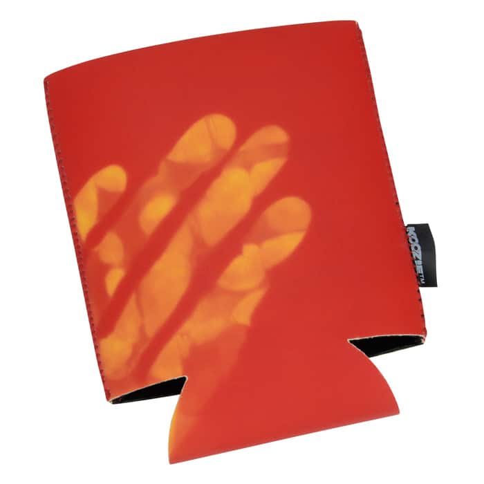 Back of red-orange Koozie® with finger imprints