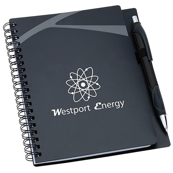 Gray branded notebook with pen