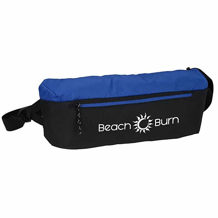 Branded blue and black fanny pack