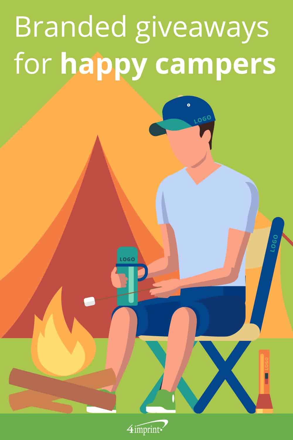 Man sitting in logoed camping chair at campfire with logoed water bottle and hat.
