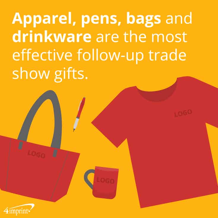 Apparel, pens, bags and drinkware are the most effective follow-up trade show gifts.