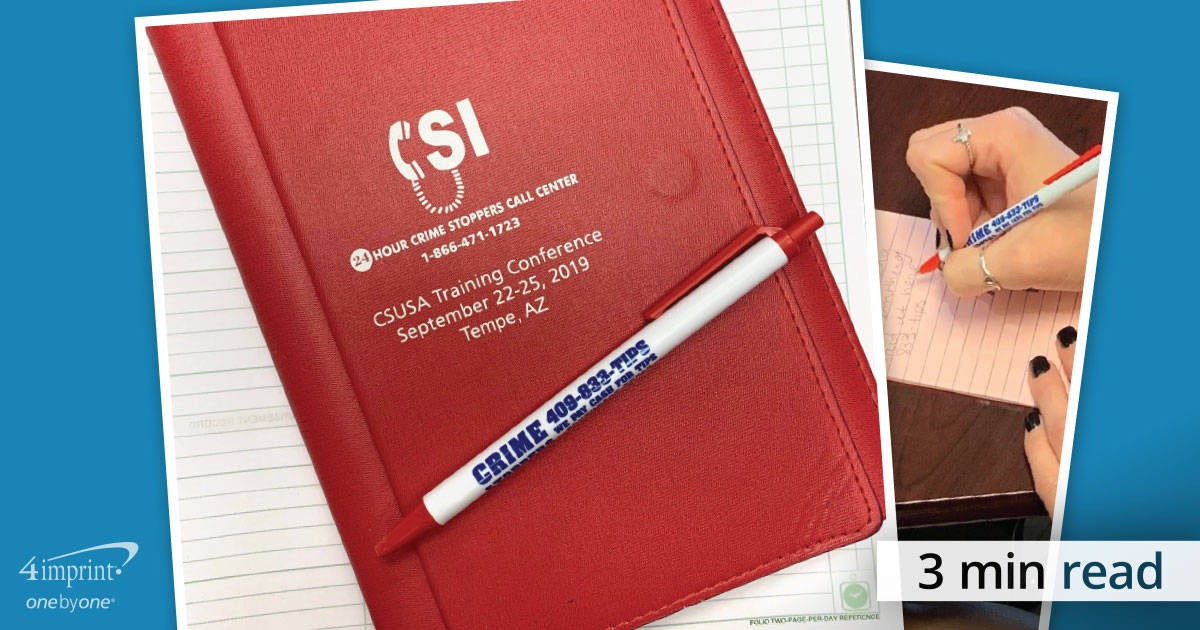 A branded pen and notepad for an article on Crime Stoppers.