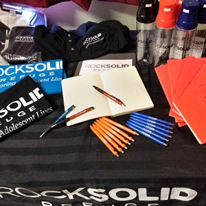 Rock Solid branded water bottles, pens and other nonprofit promotional products for students.