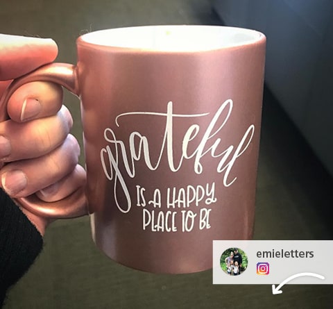 Instagram picture of a promotional mug that says Grateful is a Happy Place to Be