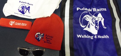 Pulaski high school popular promotional items including bags, a hat and sunglasses