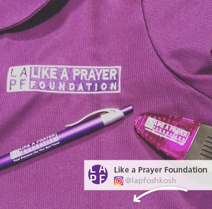 Like a Prayer Foundation's personalized writing instruments, branded t-shirt and logo'd chip clip