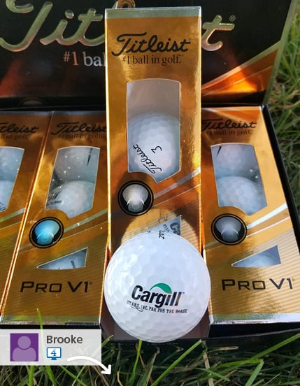 Social media post featuring promotional golf balls purchased from 4imprint.