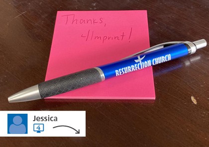 Social posting showing a promo pen on top of a thank-you note.